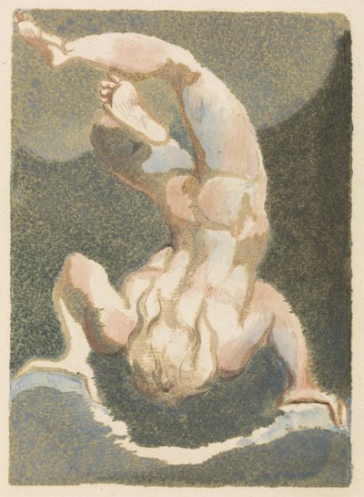 A muscular, naked man, who seems to have floated down to rest on his hands, head downwards, on rocks and clouds, plate 15 from The First Book of Urizen, 1794 by William Blake